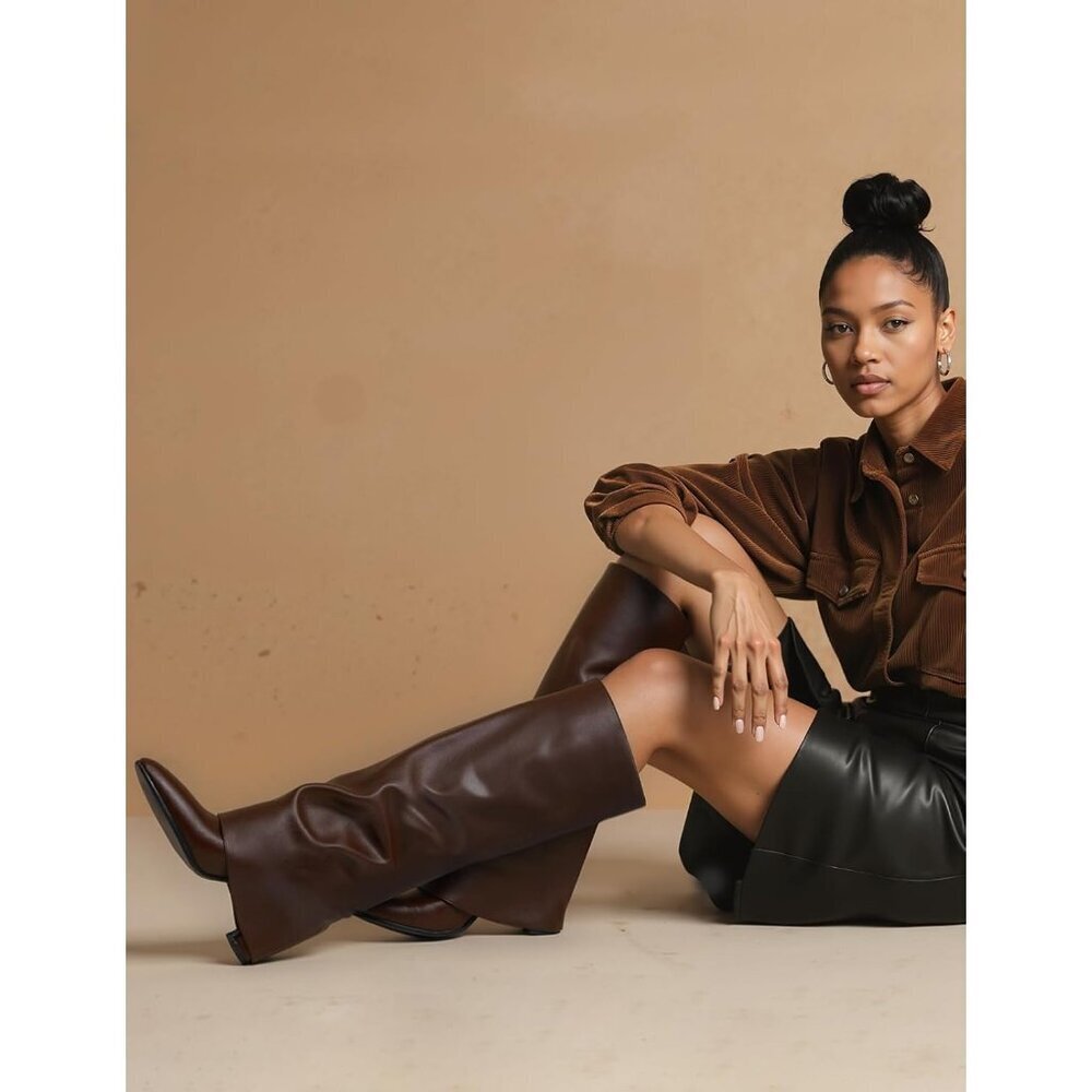 Women's Chocolate Modatope Knee High Fold Over Chunky Heels Zipper Tall Boots - Picture 4 of 7